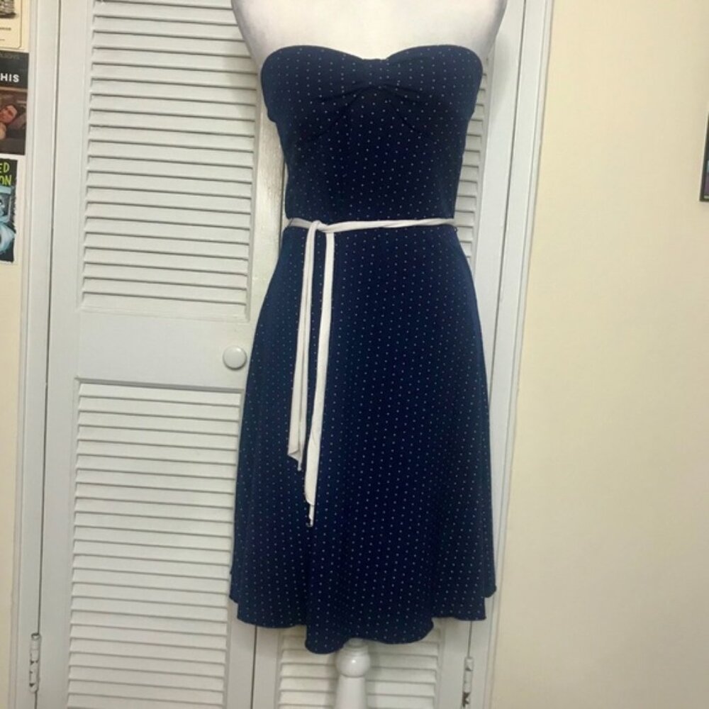 Vintage Strapless Navy Dress w/ White Polka Dots